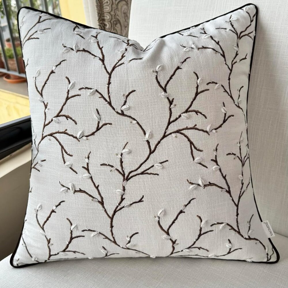 Embroidered Willow Throw Pillow Cover Delicate Floral Stitchwork